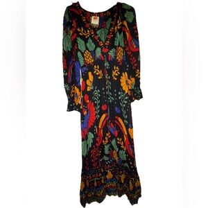 Farm Rio for Anthropologie Black Floral Toucan Maxi Dress Boho Folk Lagoon Sz XS